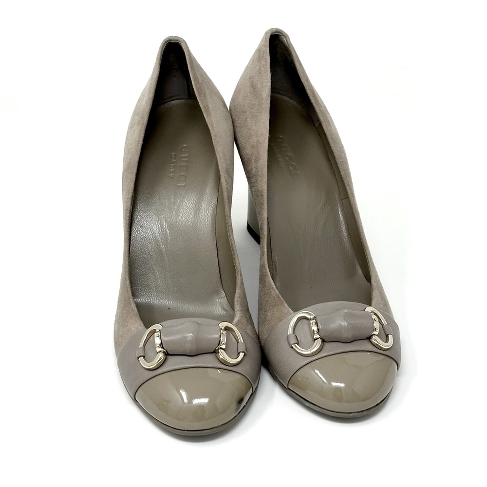 GUCCI Horsebit Accent Suede Wedge Pumps Heels Taupe Womens 35 5 - Picture 2 of 14